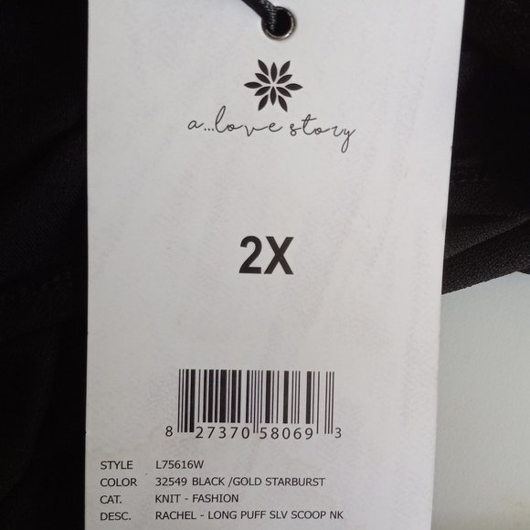 CHIC & NEW! A LOVE STORY Black Gold Polka Dot Puff Sleeve Off-Shoulder Top Sz 2X - Picture 8 of 8